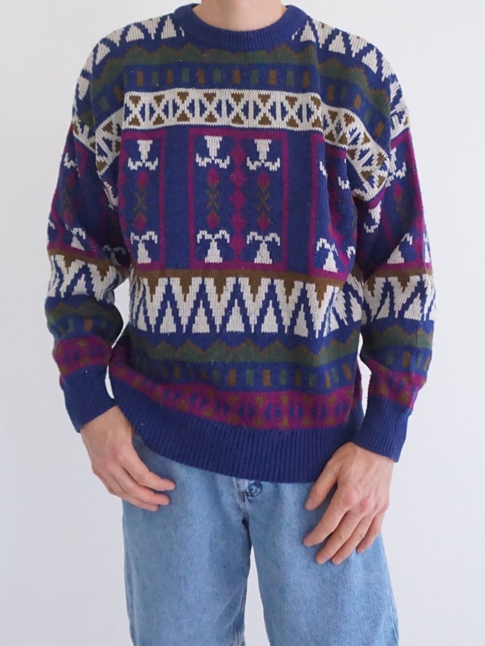 Vintage Sergio Blue Purple Geometric Fair Isle Nordic Cotton Knit Sweater USA XL